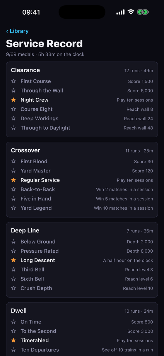 Service Record screen with medals